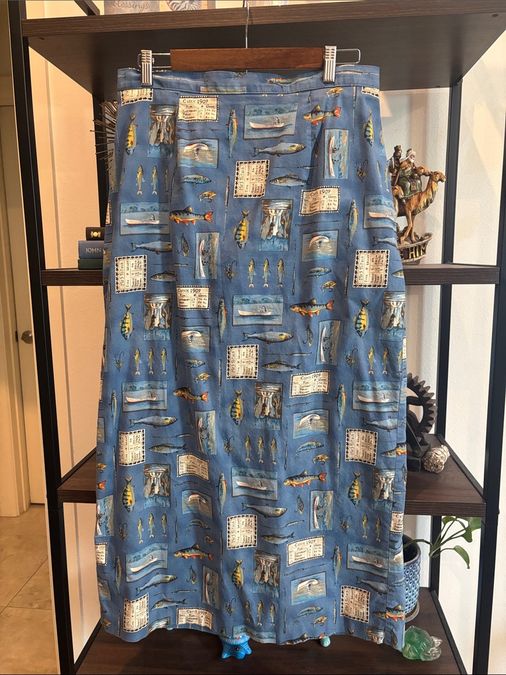 Samantha Edwards Vintage Blue Fish Print MIDI USA Cotton Skirt Size 16 Nautical